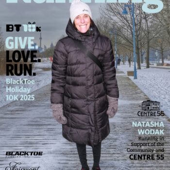 Woman in winter coat promoting a holiday 10K run event.