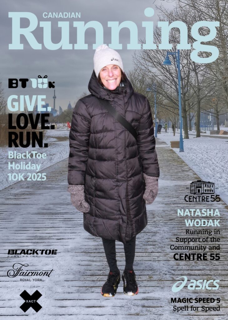 Woman in winter coat promoting a holiday 10K run event.